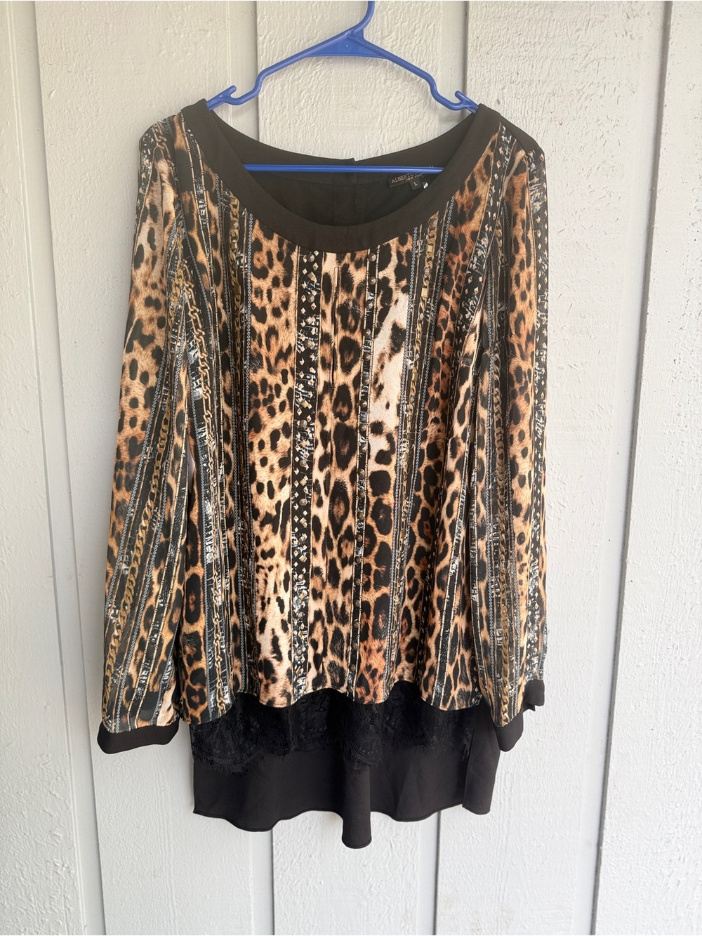 Alberto Makali Leopard & Stripe Print Tunic in Brown Black with Lace Hem size L